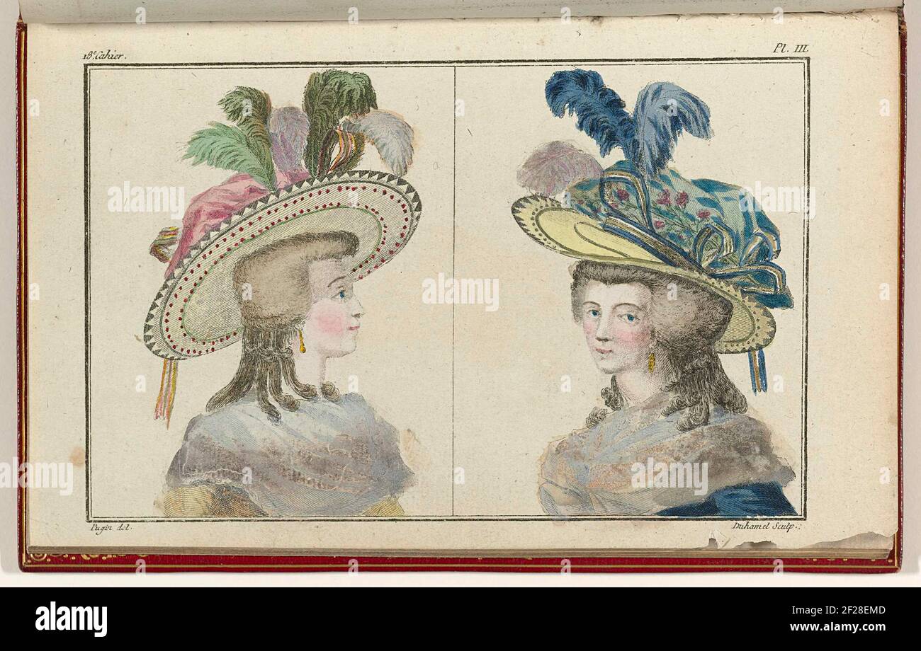 Cabinet des Modes ou les Modes Nouvelles, 1 Aout 1786, pl. III.Two women's  busts with straw hats in frames. According to the accompanying text, the  woman left a yellow caraco and she