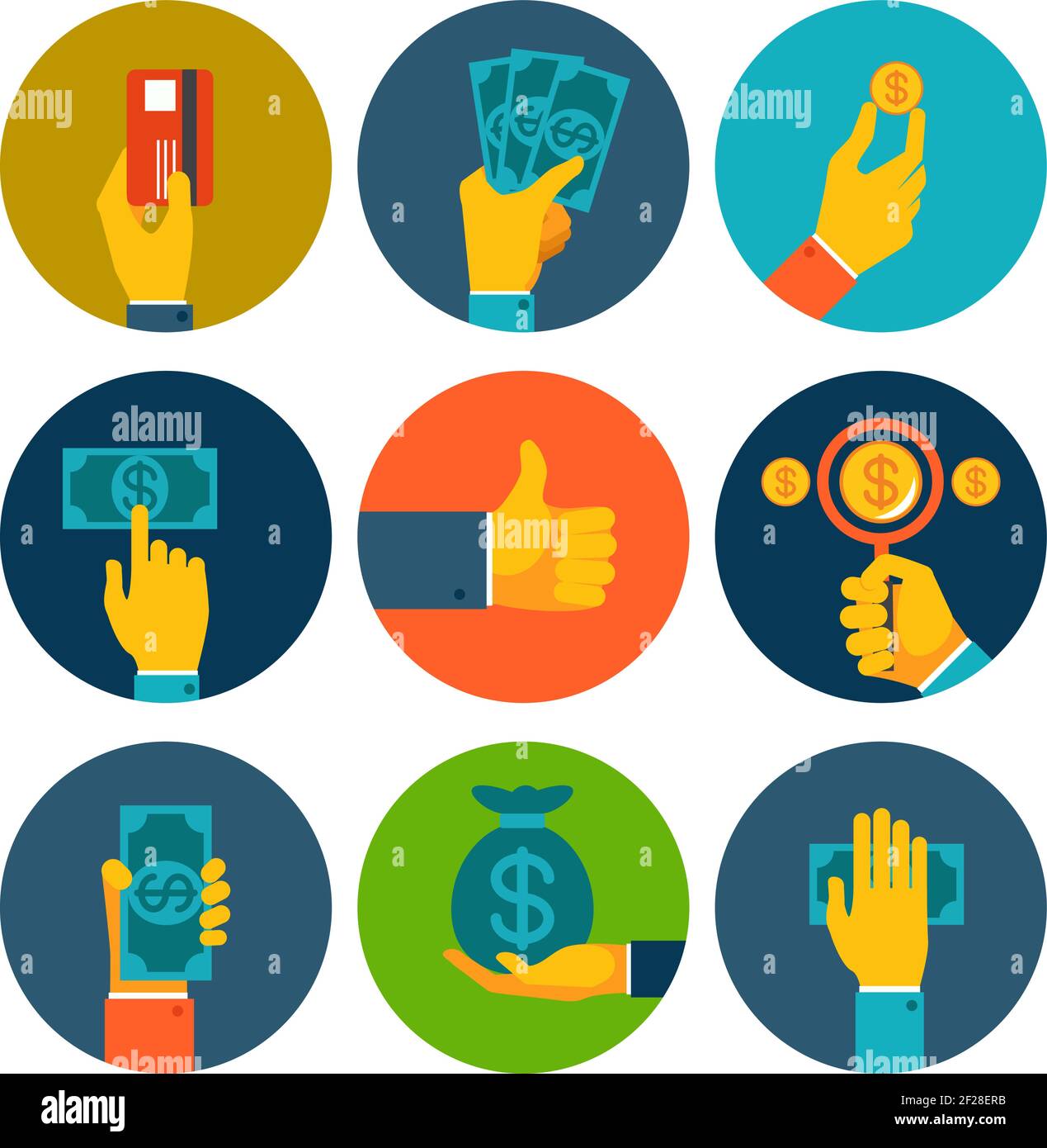 Set of nine different colorful money in hands icons with dollar notes ...