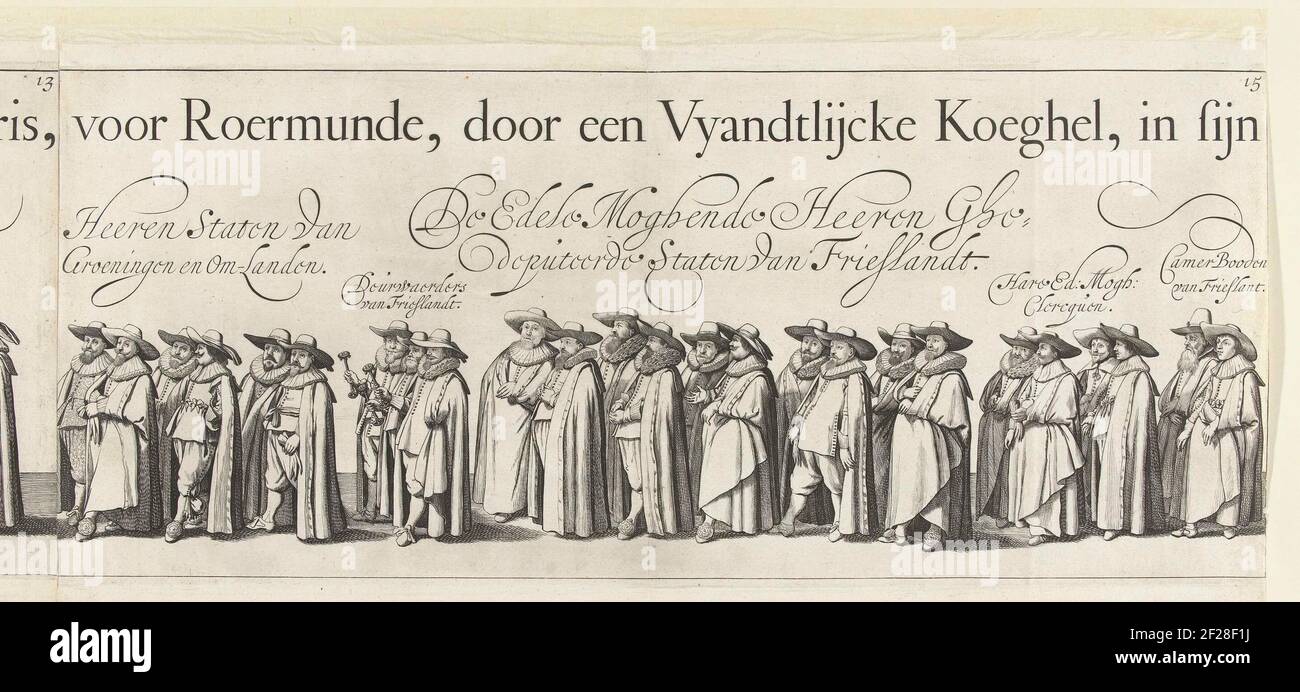 Part of the funeral procession of Ernst Casimir, Count of Nassau-Dietz in Leeuwarden (plate 15), 1633; Funeral of Ernst Casimir, Count of Nassau-Dietz in Leeuwarden, 1633; Treur-Stateghe uyt-vaert, or begraijdisse des Ondered Lichemems, van den On-Versaeghden, Ende Seer Strijdtbaenrijghs-heroes, Ernest Casimyr (...) Died in the Siestherhehe for Roermunde, by a Vyandtlijcke Koegel (... ) The five-and-twinthrests Maij, MDCXXXII. Buried within Leeuwarden in 't Choor of the Iacobiner Kercke, the third parties Ianuary, MDCXXXIII. Old style..part of the funeral procession with Members of the Provinc Stock Photo
