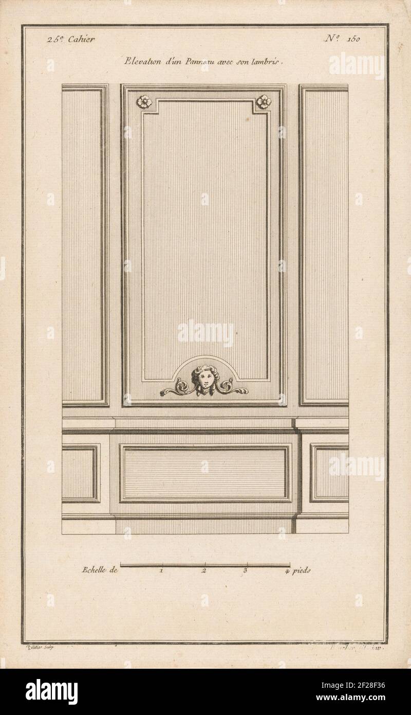 Panels with mask; Elevation d'un panneau avec son lambris; Panels; 25th Cahier. A wall with panels, decorated with floral motifs and a face on the bottom. Print number 150. Stock Photo