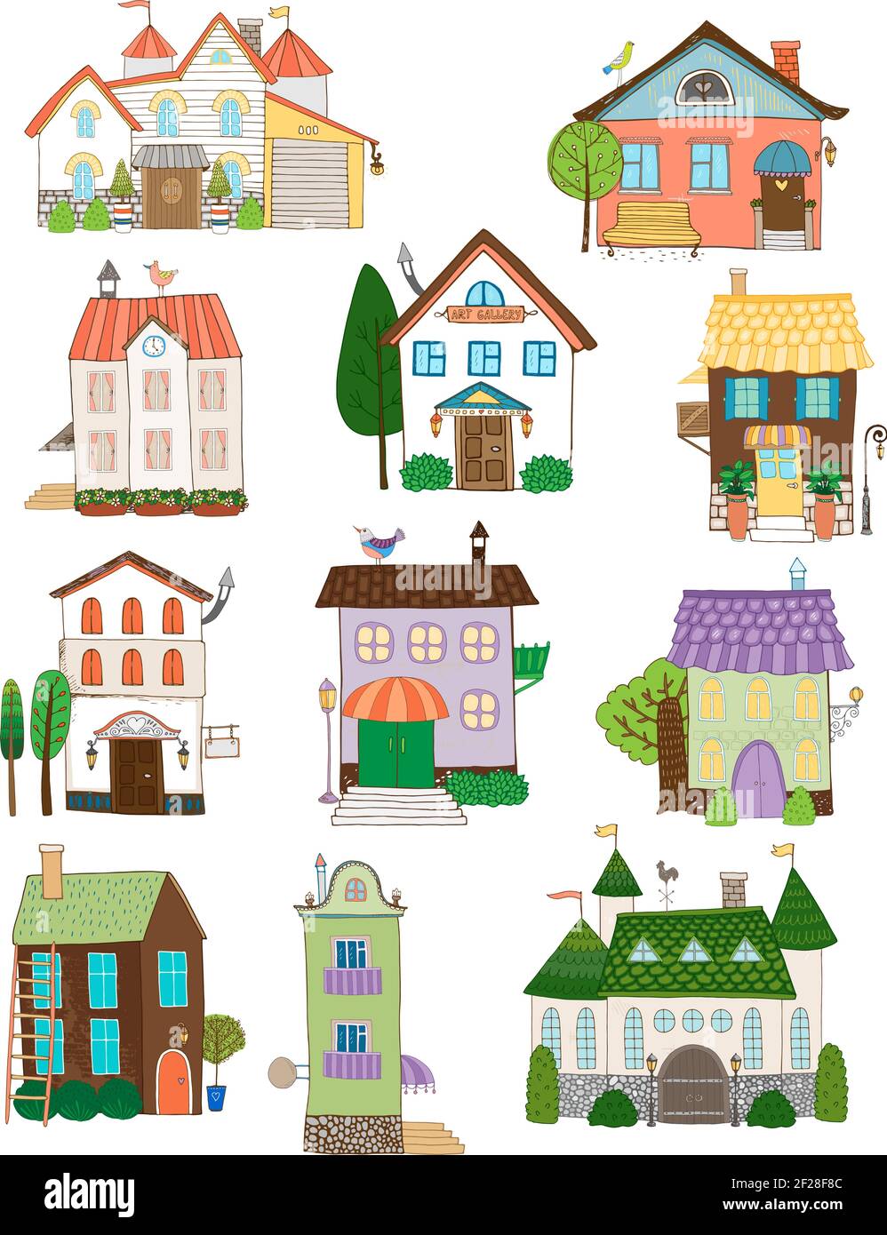 Assorted cute houses collection on white background Stock Vector