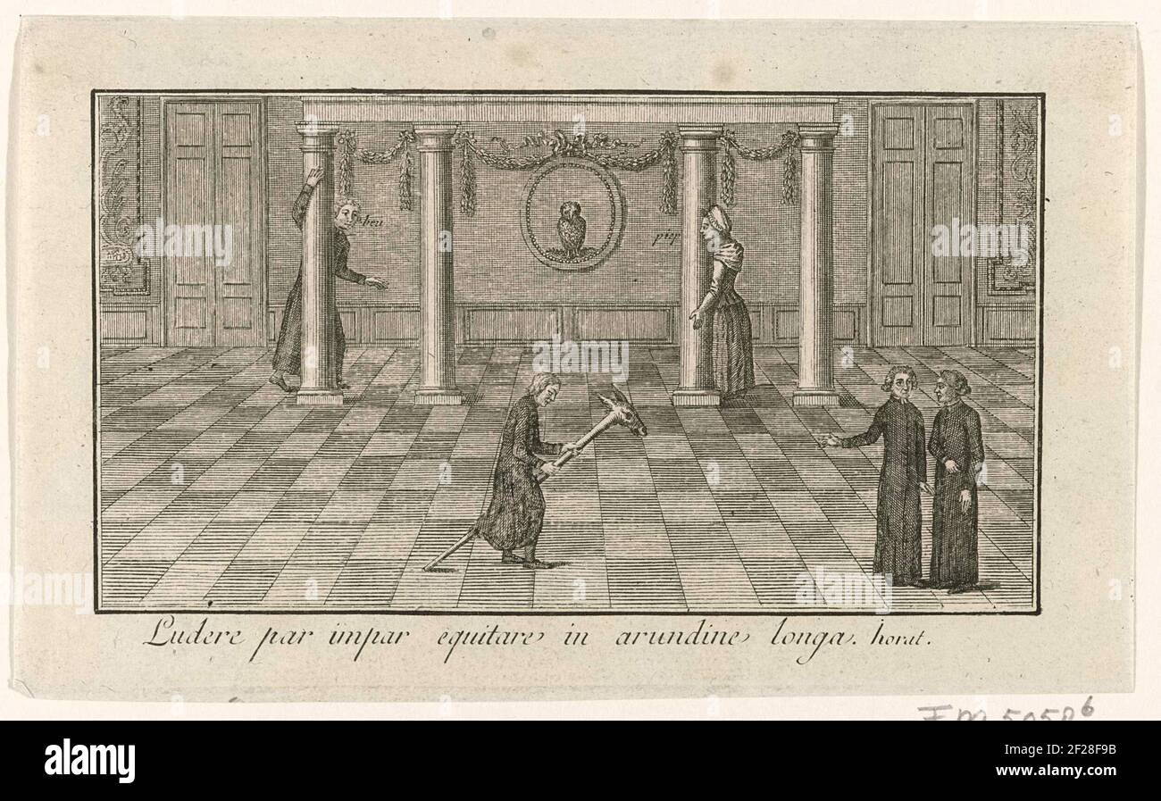 Spotprent op de katholieken; Ludere par impar equitare in arundine longa horat; Brabantse Omwenteling, 1787-1790.Interior of a room in which a Roman Catholic rides a donkey's hobby horse. In the background a man and a woman half clogged behind columns, a medallion with an owl against the back wall. The Latin caption from Horatius. Part of a large group of prints related to the events of the Brabant Review and the period 1787-1790. Stock Photo