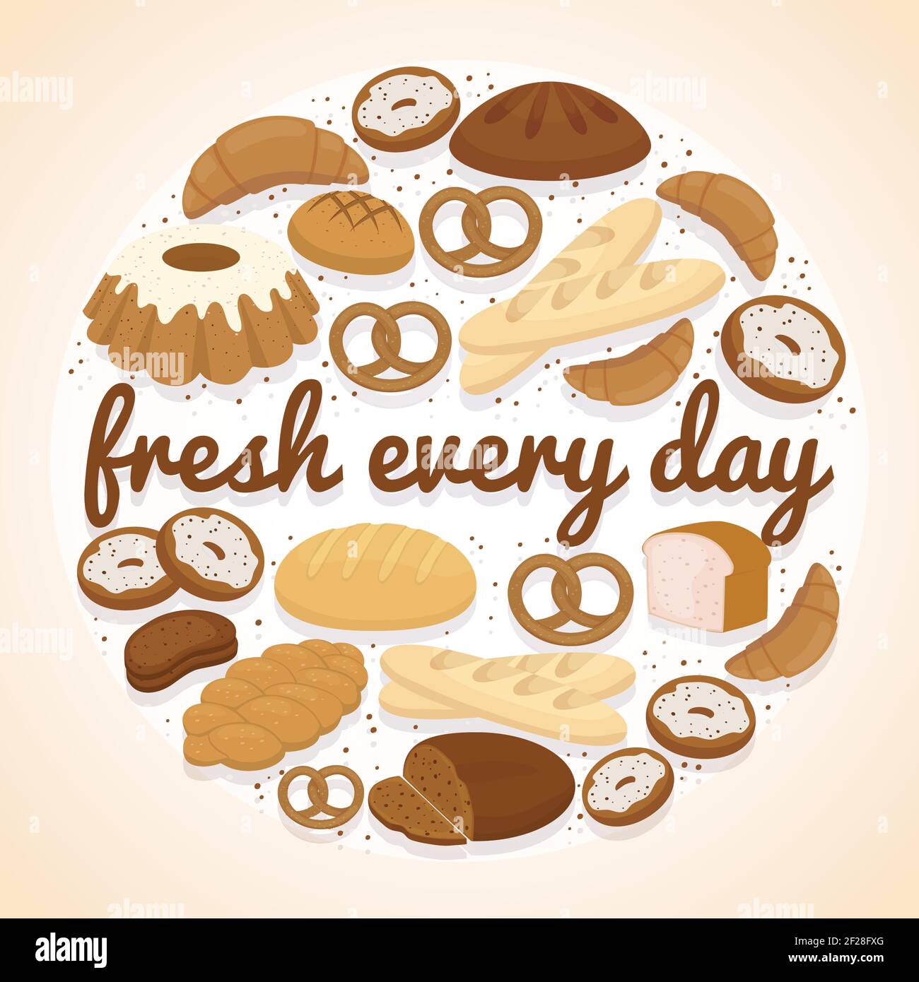 Fresh Every Day bakery label with a circular design of bagels donuts
