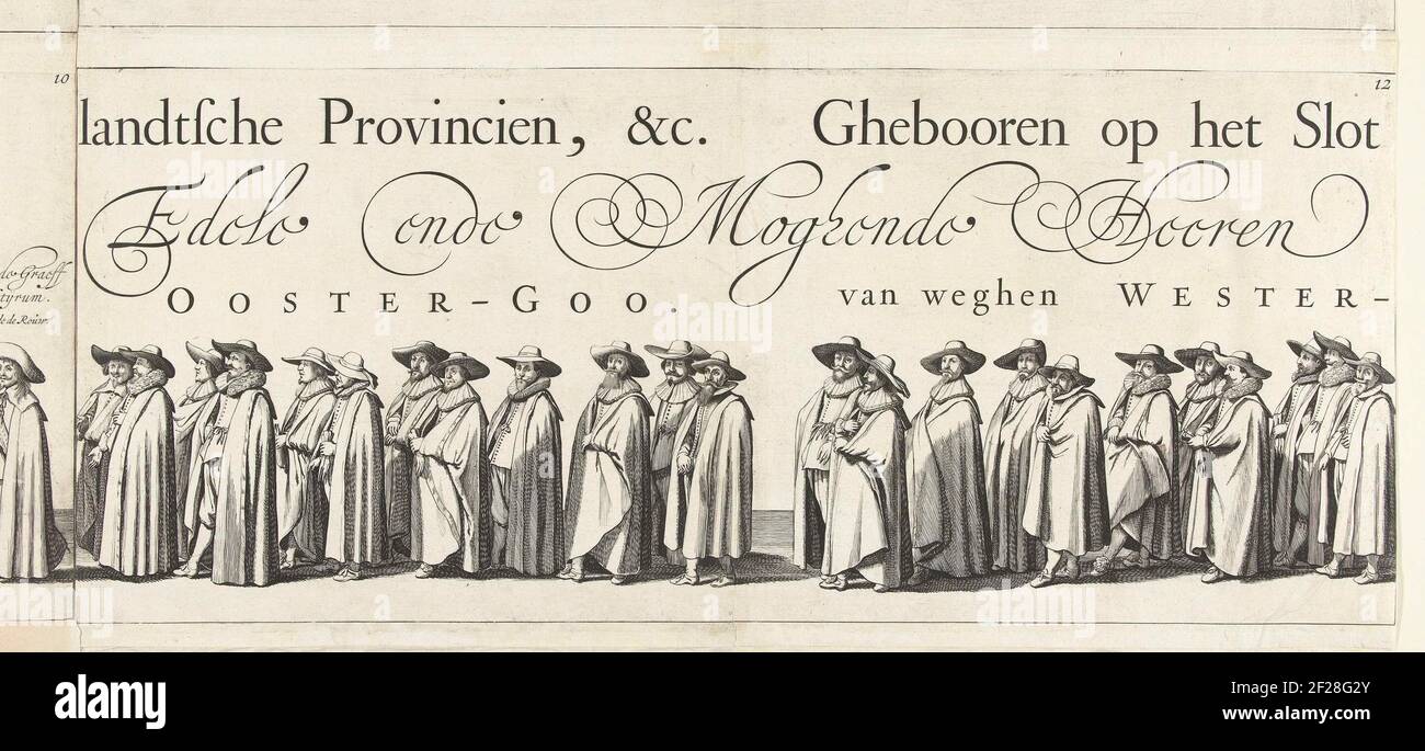 Part of the funeral procession of Ernst Casimir, count of Nassau-Dietz in Leeuwarden (plate 12), 1633; Funeral of Ernst Casimir, Count of Nassau-Dietz in Leeuwarden, 1633; Treur-Stateghe uyt-vaert, or begraijdisse des Ondered Lichemems, van den On-Versaeghden, Ende Seer Strijdtbaenrijghs-heroes, Ernest Casimyr (...) Died in the Siestherhehe for Roermunde, by a Vyandtlijcke Koegel (... ) The five-and-twinthrests Maij, MDCXXXII. Buried within Leeuwarden in 't Choor of the Iacobiner Kercke, the third parties Ianuary, MDCXXXIII. Old style..part of the funeral procession with Members of the States Stock Photo