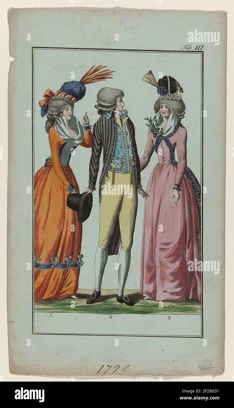 Journal für Fabrik, Manufaktur, Handlung, Kunst und Mode, 1792, Tab III.Two  standing women and a man, numbered 1.2 and 3. Nr. 1: Woman dressed in an  orange caraco and skirt with purple