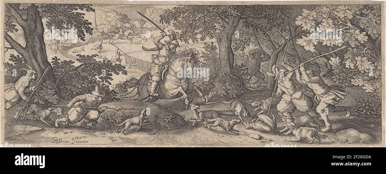 Fox Hunt.A man on horseback is approaching with raised sword a fox lying on his back, which is closely driven by dogs. Four other men racing to the animal with spears and bats: one of them spite the fox. Behind it sits a fox by a bow around his body. A man with a stick in the attack runs. In the background a drive. Stock Photo