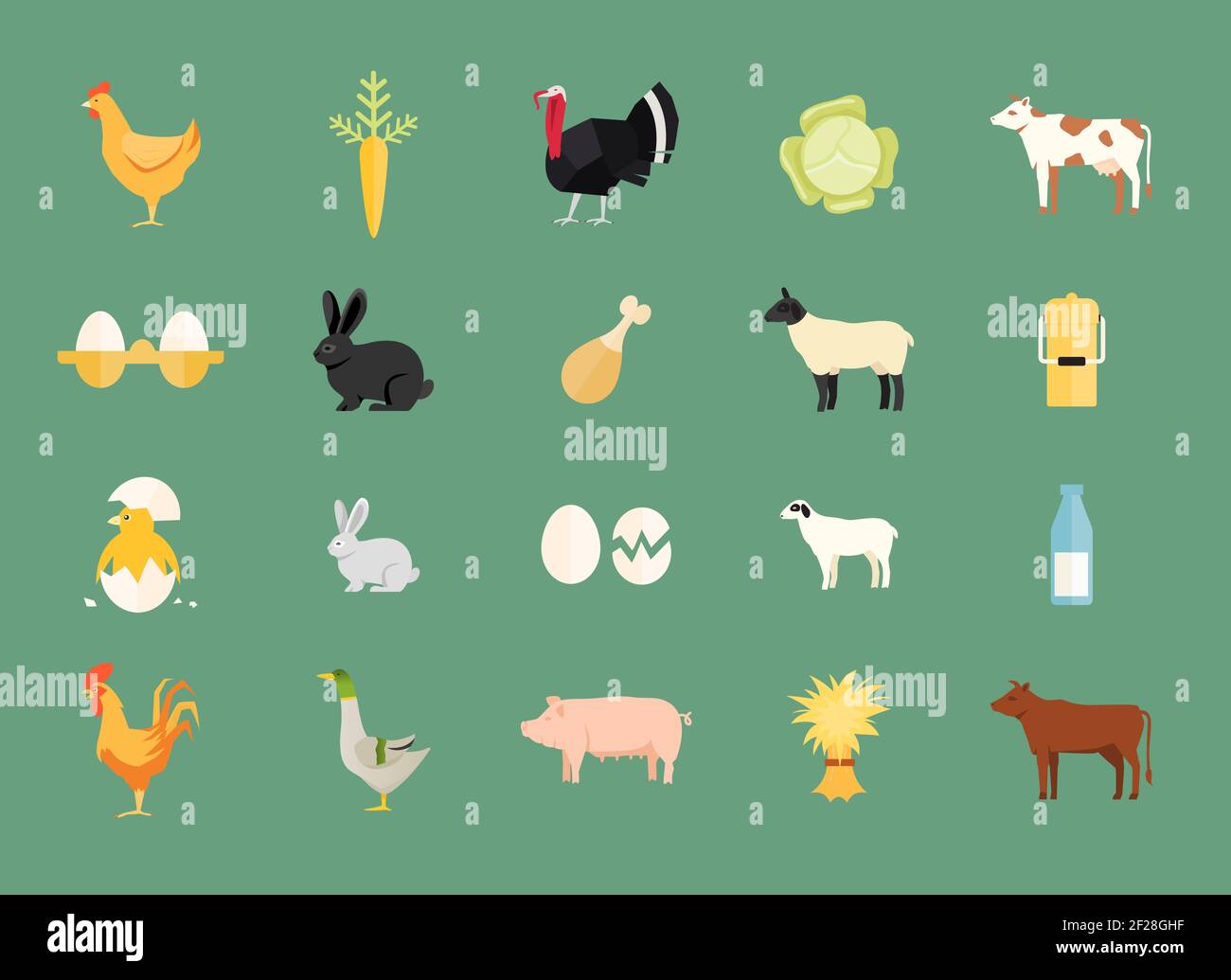 Colorful set of vector farm animals and produce with hen and egg carrot  turkey cabbage dairy and beef cows rabbit sheep milk can duck pig ha Stock  Vector Image & Art -