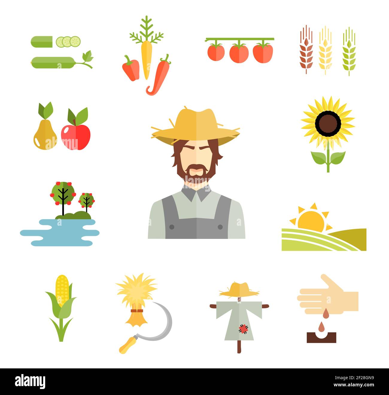 Set of colorful vector farm icons for cultivating grains  fruit and vegetables with a farmer   peas  carrots peppers  pear  apple  sunflower  orchard Stock Vector