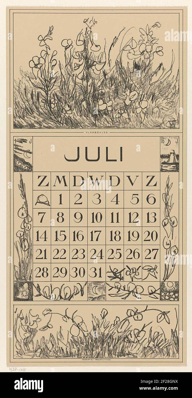 Kalenderblad juli met vlasbekjes; Kalender 1918 12 lithografien door Th. v.  Hoytema.In the corners the positions of the moon on four days. A tear line  at the top of the magazine Stock