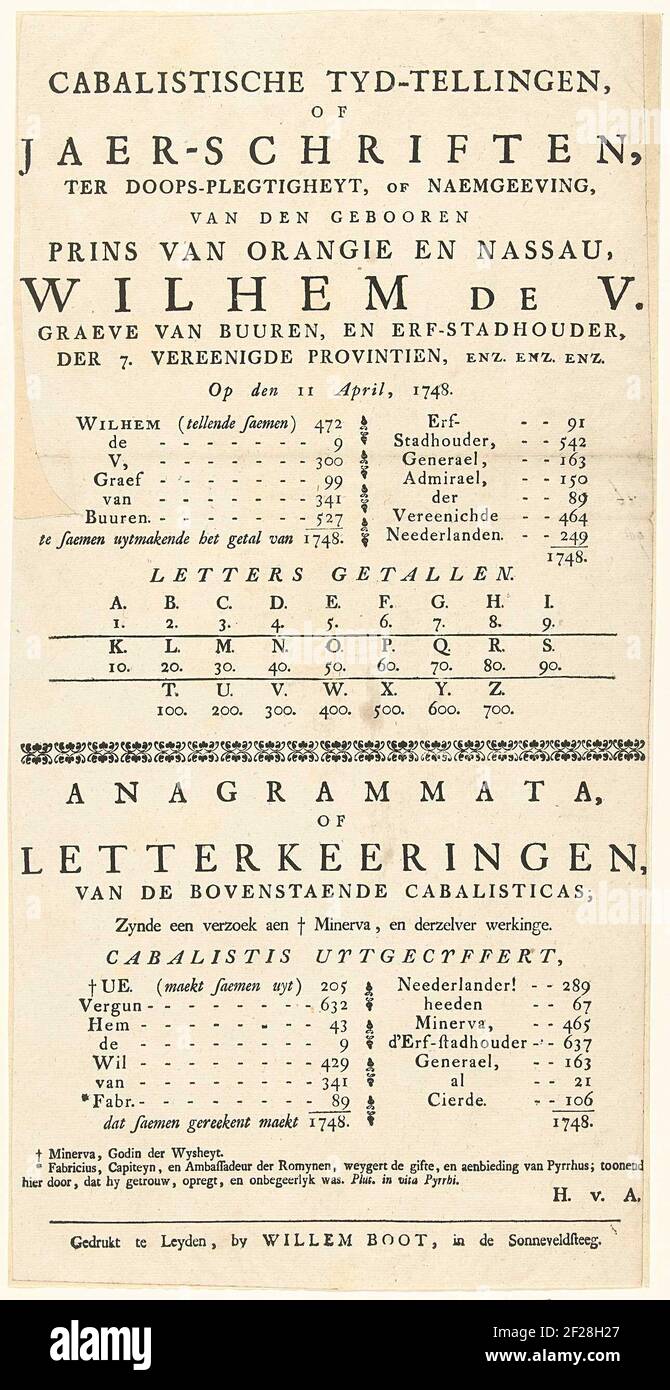 Kabbalistic counts on the occasion of the baptism of Prince Willem V, 1748; Cabalistic TYD counts, or Jaer-Scriptures, TOO TOPS-PLEGTIGHEYT, or Naakevening, Van den Georen Prins of Orangie and Nassau, Wilhem de V. Graeve van Buuren, and Erf-Stadhouder, DER 7. United Provintien (...) .Text Sheet With Various Kabbalist Counts Composed on the occasion of the Baptism of Prince Willem v on April 11, 1748 in The Hague. Stock Photo