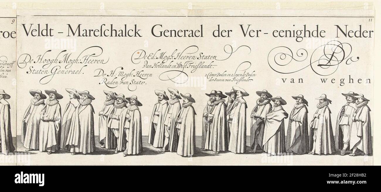 Part of the funeral procession of Ernst Casimir, Count of Nassau-Dietz in Leeuwarden (plate 11), 1633; Funeral of Ernst Casimir, Count of Nassau-Dietz in Leeuwarden, 1633; Treur-Stateghe uyt-vaert, or begraijdisse des Ondered Lichemems, van den On-Versaeghden, Ende Seer Strijdtbaenrijghs-heroes, Ernest Casimyr (...) Died in the Siestherhehe for Roermunde, by a Vyandtlijcke Koegel (... ) The five-and-twinthrests Maij, MDCXXXII. Buried within Leeuwarden in 't Choor of the Iacobiner Kercke, the third parties Ianuary, MDCXXXIII. Old style .. Part of the funeral procession with members of the State Stock Photo