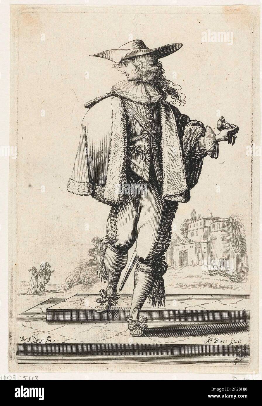 Franse edelman, gekleed volgens de mode van ca. 1630; Le Jardin de la  Noblesse Françoise (...); Kostuums van de Franse adel.Edelman, standing on  a bordes, dressed in a short shoulder shelter with