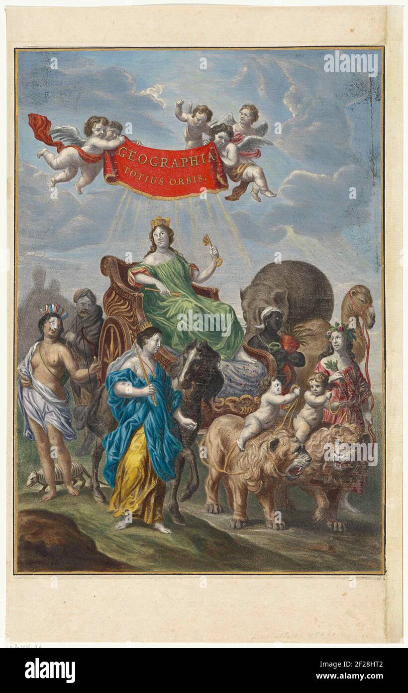 Allegorische voorstelling van de vier werelddelen; Geographia totius  orbis.On a triumphander, the personification of the Geographia Totius Orbis  with a cityscape on her head, a key in her left hand and a, image size:820x1390