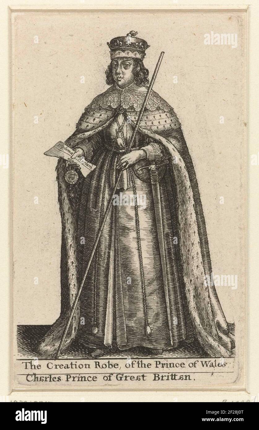 Ceremonial clothing of an English prince; Karel Stuart, Prince of Wales, in ceremonial clothing; The Creation Robe, of the Prince of Wales - Charles Prince of Great Brittan; Ceremonial clothing from the English nobility .. Stock Photo