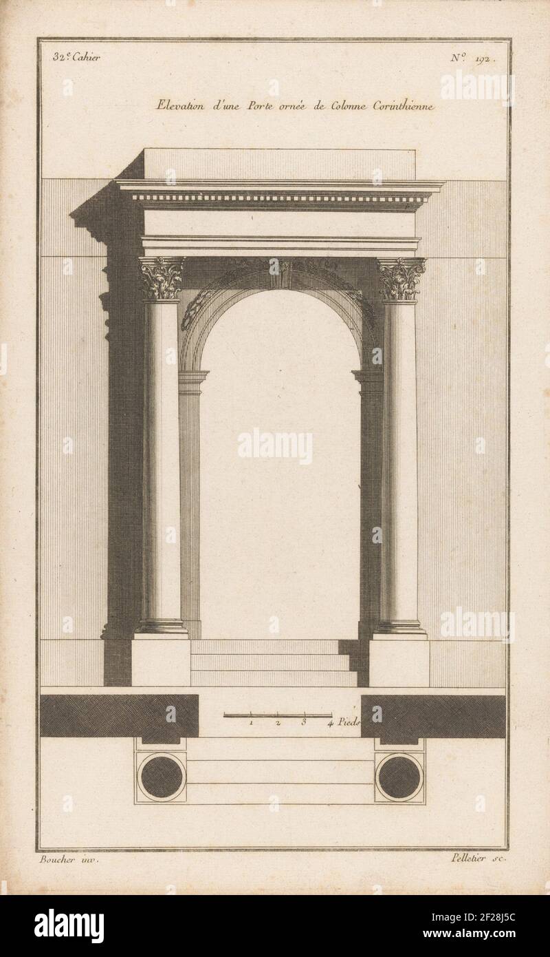 Gate with columns; Elevation d'Une Porte Ornée de Colonne Corinthienne; Gates; 32nd cahier. Front view and top view of a gate with corinthian columns and a staircase. Print number 192. Stock Photo