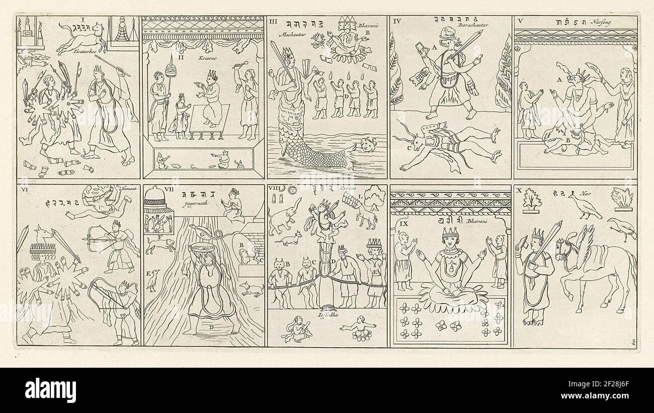 Leaf with schematic representations of the ten incarnations of the Indian god Vishnu. Rama (the king), Vamana (the dwarf), Matsya (the fish), Varaha (the wild boar), Narasimha (the man-lion), Parasurama (the giant and warrior), Krishna (the blue god), Koerma (Koerma (the blue god), Koerma ( The turtle), Buddha and Kalki (the rider on the white horse). The performances are numbered I-X and have a caption in Hindi and French. Leged numbered: 104. Stock Photo
