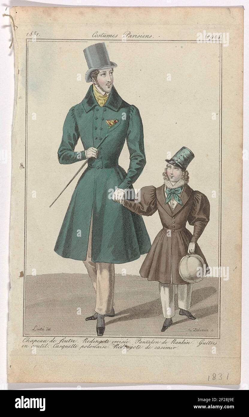 Journal des Dames et des Modes, Costumes Parisiens, 15 juillet 1831,  (2904): Chapeau de feutr (...).Man with a tall hat from felt on the head.  He wears a rescueote with transhipment on