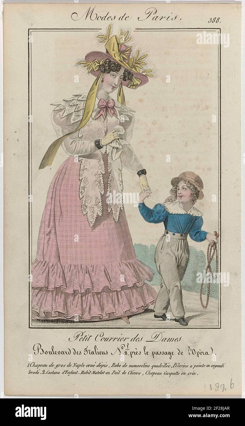 Petit Courrier des Dames, 1826, No. 388 : 1 Chapeau de gros de Napl (...).A  woman with a boy with jump rope, numbered one and two. 1. Hat from 'Gros de  Naples',