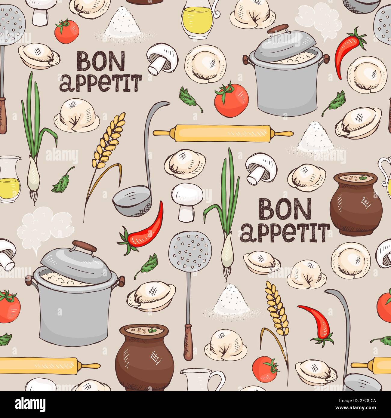 Bon Appetit Seamless Background Pattern With Scattered Ingredients And Kitchen Utensils For Making Italian Ravioli Pasta In Square Format Suitable For Stock Vector Image Art Alamy
