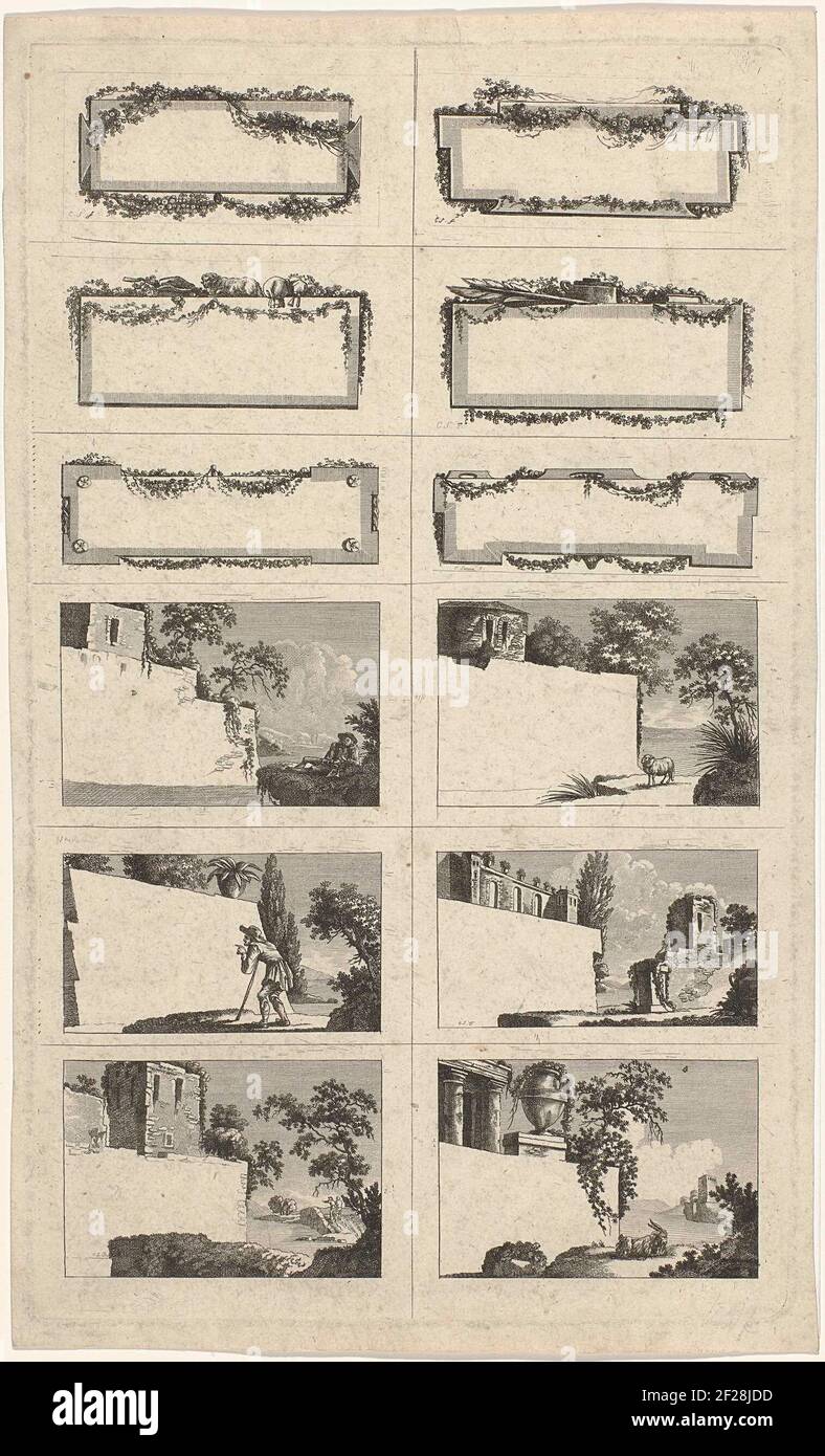 Onversneden blad met twaalf vignetten bedoeld als etiketten.Sheet with twelve labels. From left to right and top down: vignette decorated with floral branches, cartouche decorated with floral branches, cartouche decorated with floral branches and crowned with ram, cartouche decorated with floral branches and crowned with inkwell, feather and book, cartouche decorated with floral branches and 4 x four-leaf clover , cartouche decorated with floral branches, cartouche on building in landscape and right a musical figure, cartouche on building in landscape with right a sheep, cartouche in landscape Stock Photo