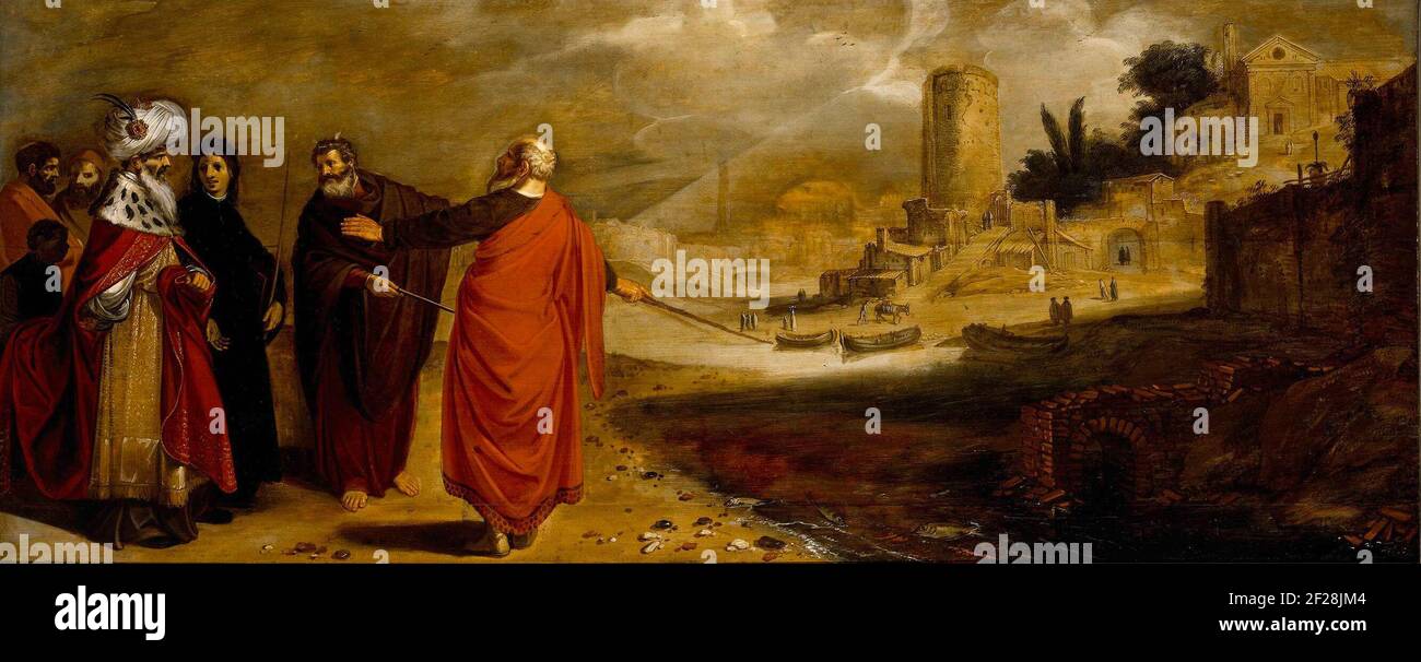Aaron Transforming the Water of the Nile into Blood.In front of Pharaoh and his consequence, Moses and Aaron change the water of the river in blood. On the right the city with a tower and a temple. Stock Photo