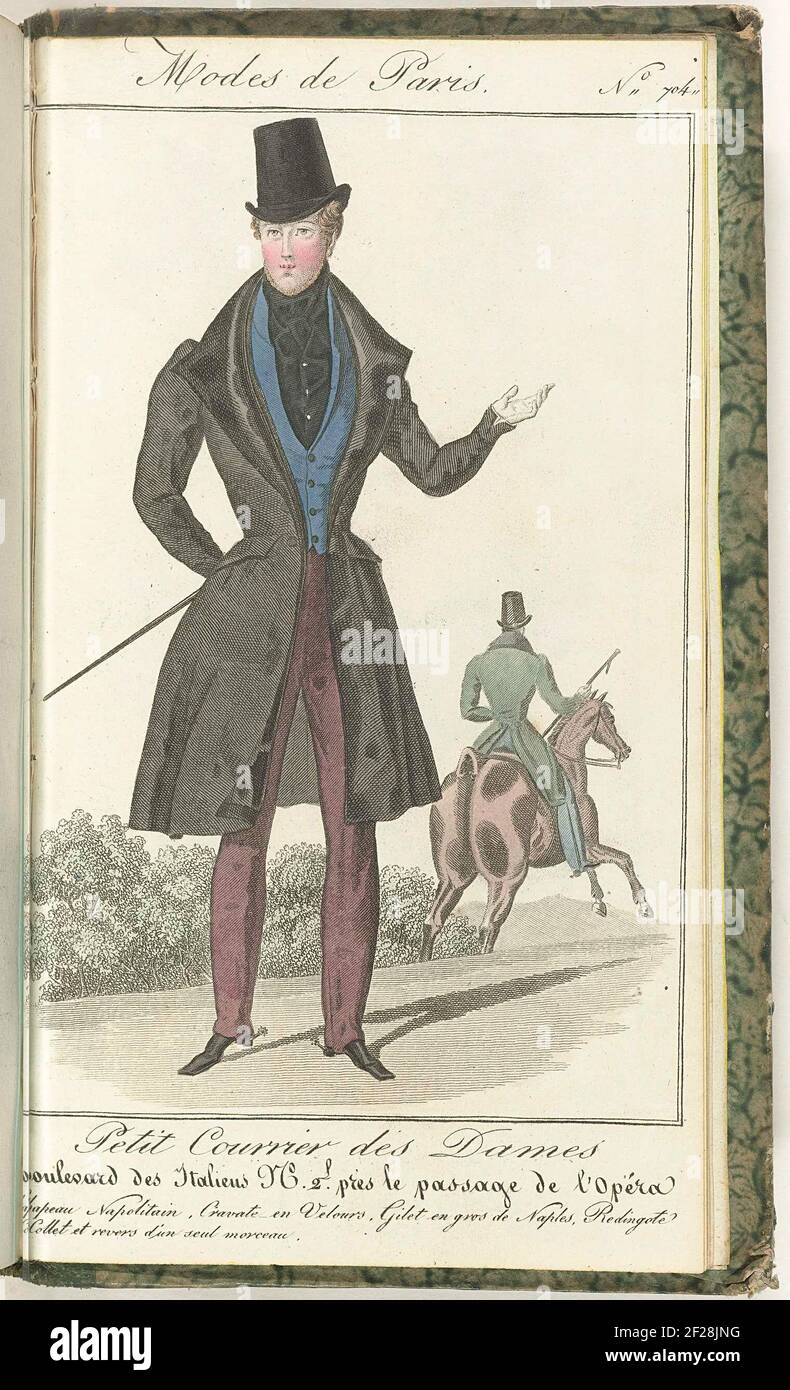 Petit Courier des Ladies, 25 Février 1830, no. 704: Chapeau Napolitain ....  standing man dressed in a rescueote whose collar and lapel consists of one  piece. Vest van 'Gros de Naples' on