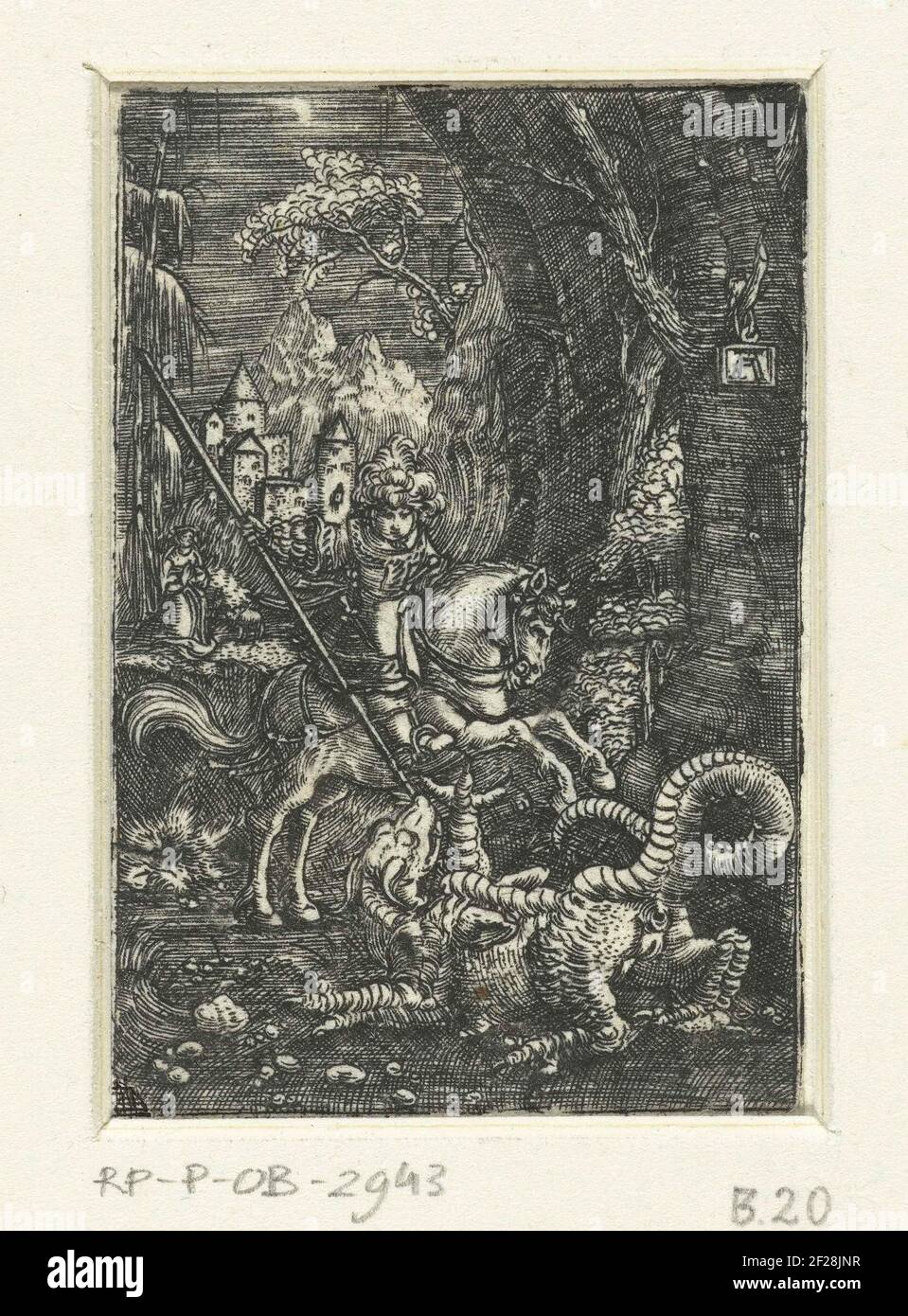 Joris doodt de draak Holy George kills the dragon. A woman fleeing in panic  for the dragon. In the background, a landscape with ruins of Roman  gebouwen. Manufacturer : printmaker Cornelis Cort (
