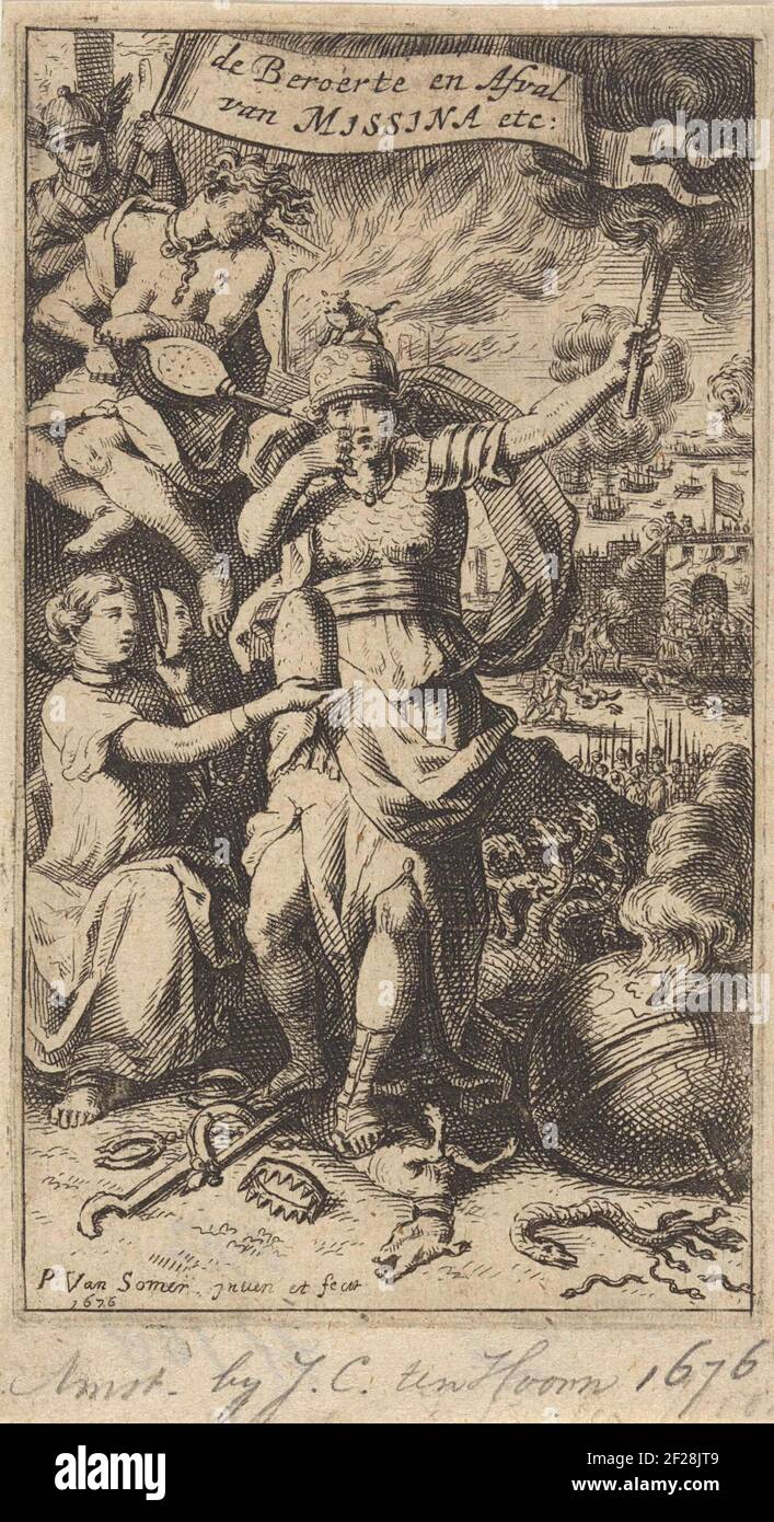 Allegorische voorstelling met Opstand en Valsheid; Titelpagna voor: De beroerte en afval van Messina (...), 1676.In the middle there is a woman with a burning torch in hand, who represents the uprising. She trambles a dog under her feet. Rebellion is offered a freedom hat. Above is falseness, which blows up with a bellows in the ear. In the Banderolle at the top of the title of the book. In the background a besieged city. Stock Photo