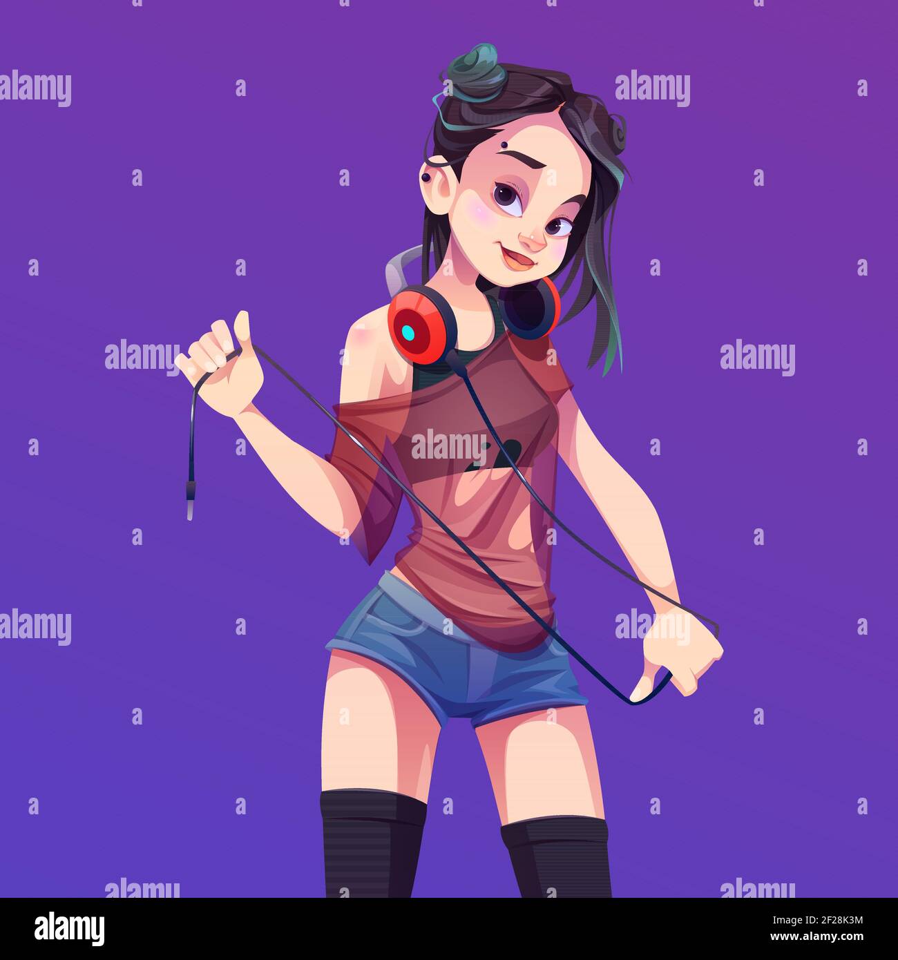 Girl dj playing music on party, disco or nightclub. Young asian woman in  shorts with piercing on face. Vector cartoon illustration of cute female  character, teenage girl with headphones Stock Vector Image