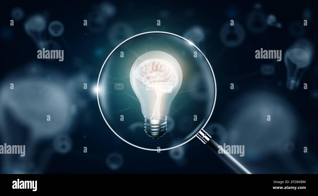 Light bulb with glowing human brain inside. Magnifying glass searching ...