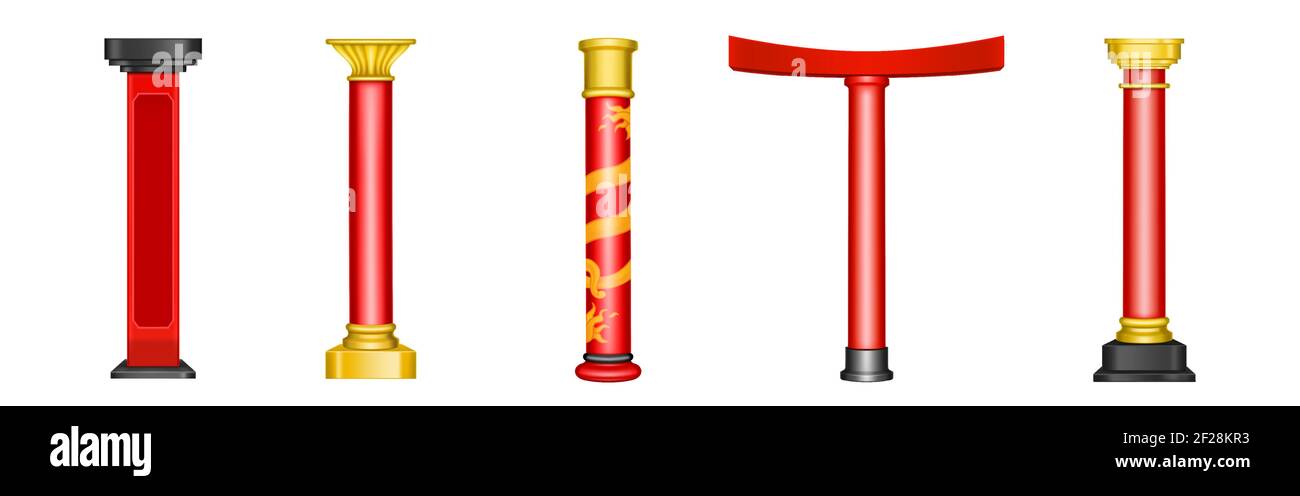 Chinese red pillars, historic gold architecture decor for asian temple, pagoda, gazebo, arch and gate. Vector realistic set of traditional columns with dragons in China isolated on white background Stock Vector