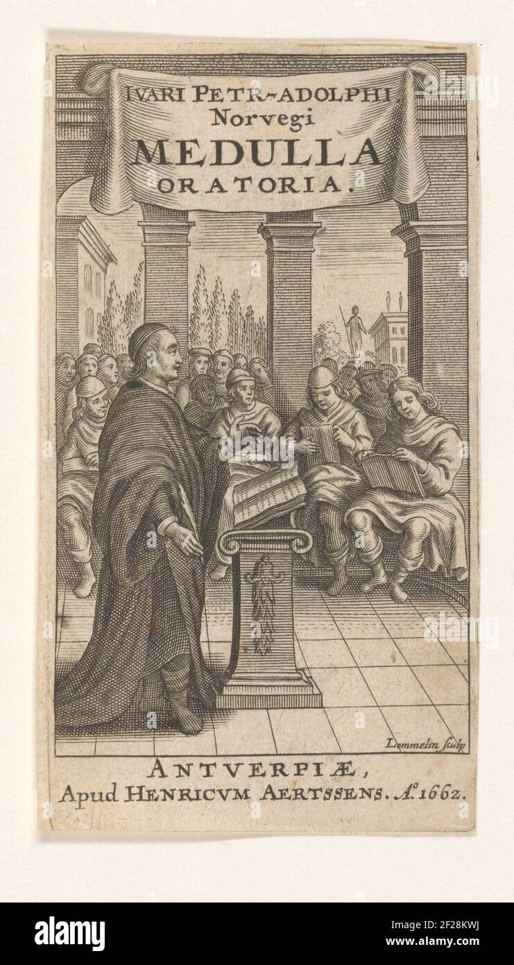 Speaker surrounded by young men; Title page for: Iver Pedersen Adolph, Medulla Oratoria, 1662.A Man is holding a nomination, for Him is a book on a pedestal. Sitting Around Young Men With Books On Lap. Stock Photo