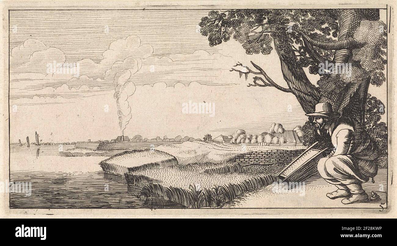 Poepende manna in een landschap; Life is short, hope for a long person, caecusq route Some poor in the world as lacunque are kopieën.A squoped man sits at a tree in a river landscape. Fifth print from a series of six. Stock Photo