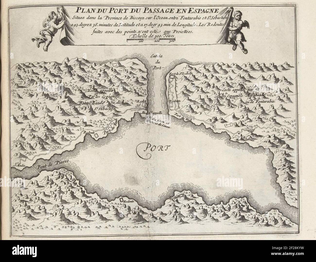 Kaart van of Naturlijke Haven Van Puerto de Pasajes, ca. 1693-1696; Plan of the port of the passage in Spain (...); The forces of Europe, or description of the main cities, with their fortifications: designed by the best ingenieurs, particularly those (...) of France, whose plans have been lifted by M. de Vauban.map of the Natural Harbor of Puerto de Pasajes to the Spanish North Coast at San Sebastian, ca. 1693-1696. Part of the Sixth Part (1696) of the Picture in Which Bundles Are The Eight Parts of the Forces of Europe Issued Between 1693-1697. The Printing Works Consistencuts of 175 Flat Pl Stock Photo
