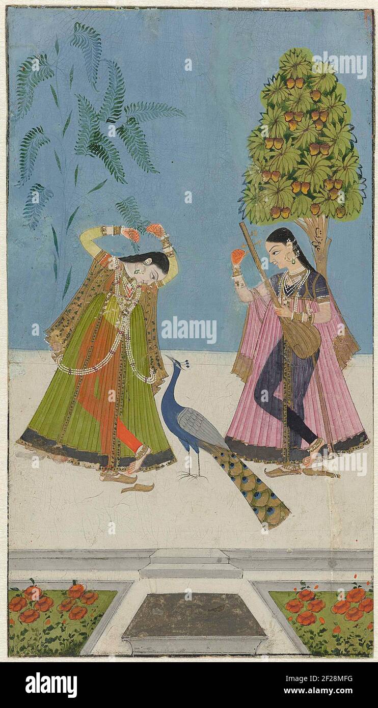 Twee vrouwen en een pauw, Gujara Ragini.Two women are each under a tree. The judge votes the Tanpura under a fruit-bearing mango tree. The left holds at the sprig of a tree, while watching a peacock. Stock Photo