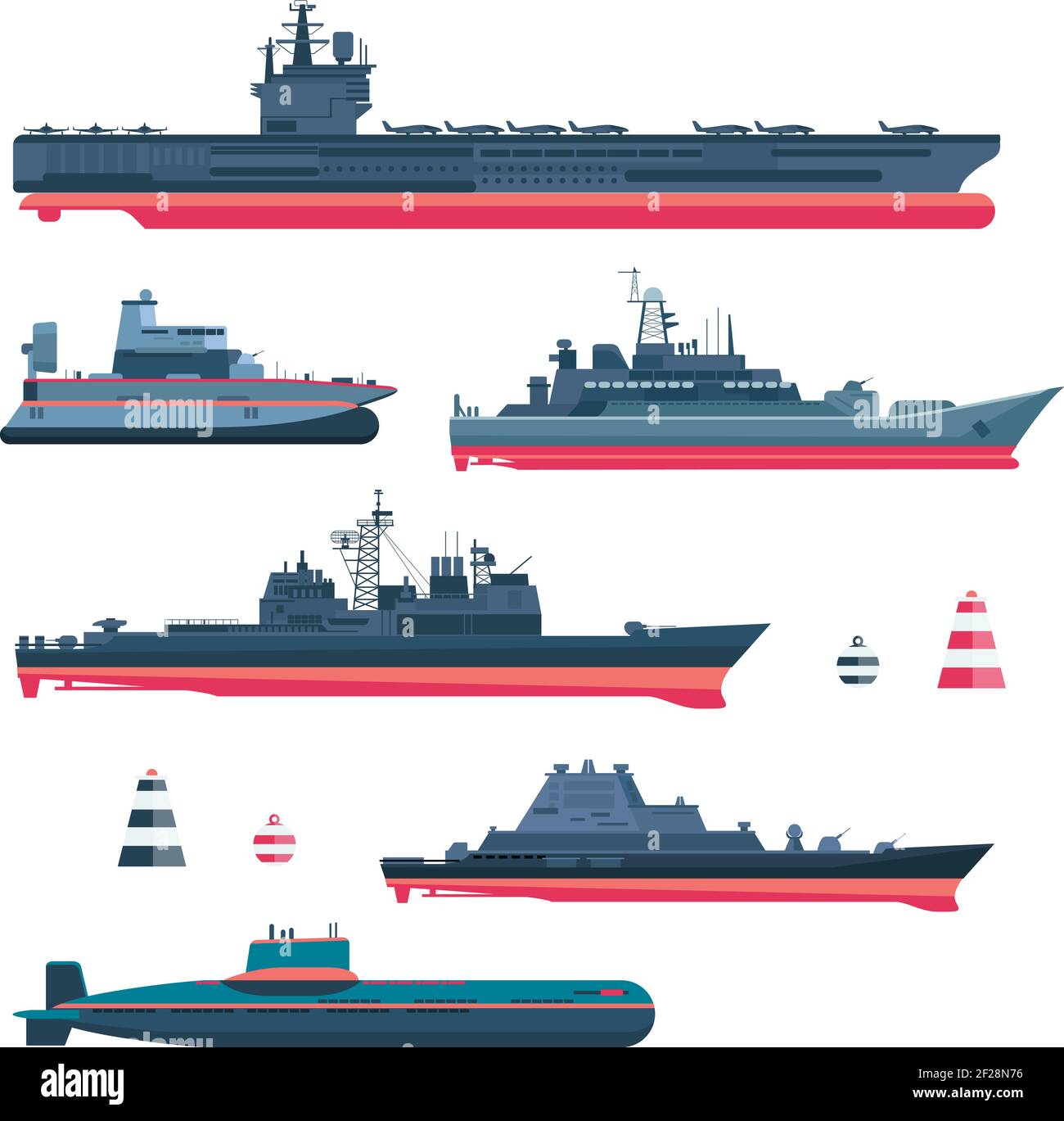 Militaristic ships icons set. Navy ammunition, warship and submarine, nuclear battleship, float and cruiser, trawler and gunboat, frigate and ferry, v Stock Vector