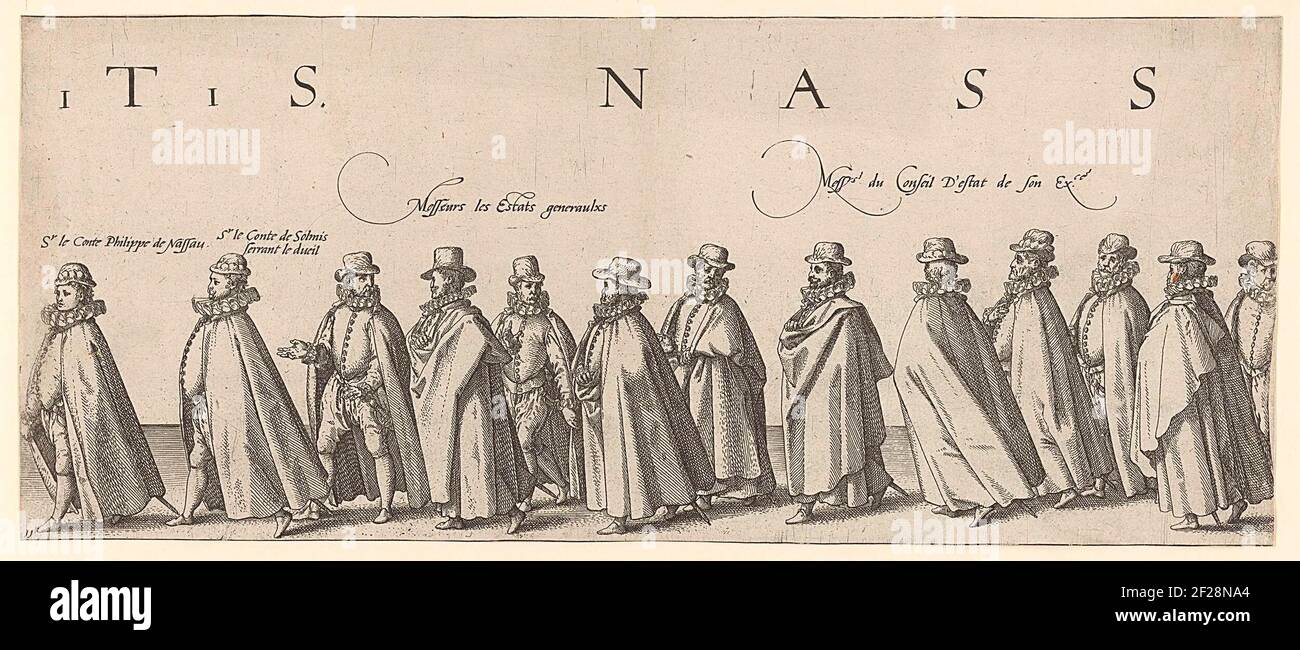 Funeral procession of Willem van Oranje, magazine 11; The funeral procession of Willem van Oranje, 3 August 1584; Haec Pompa Funebris Spectata Fuit Batavorum Delphis, Tertio Die Augusti; Ao. 1584.Corpse with MR Count Philip from Nassau, Count Solm, Members of the States General and the Council of State. Leaf 11 in The Funeral Procession of Willem van Oranje, Delft 3 August 1584. Stock Photo