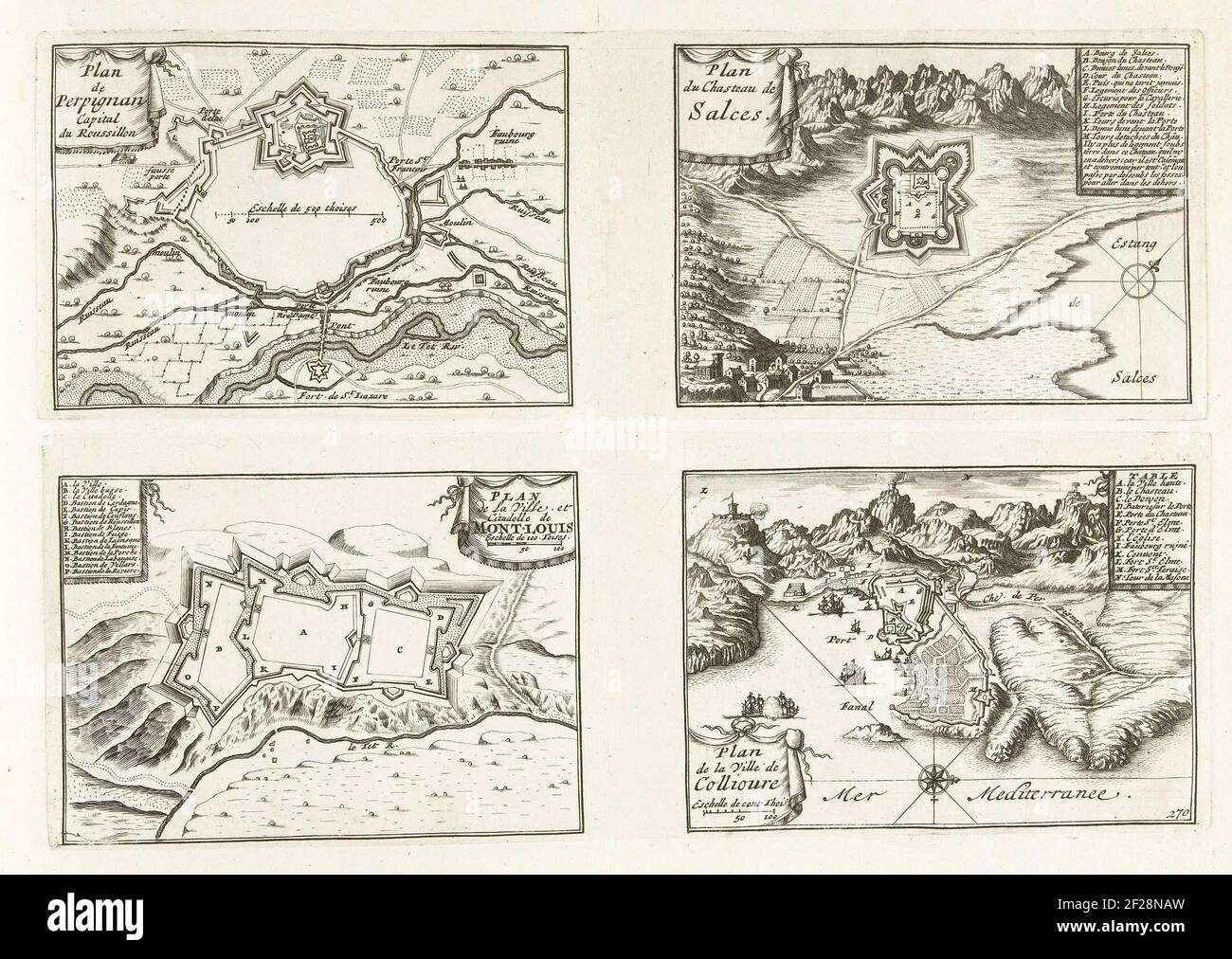 Plattegronden van Perpignan, Salces, Mont-Louis collioure, ca. 1702;  Perpignan / Salces / Mont-Louis / Collioure; The forces of Europe, Asia,  Africa and America, or description of the main cities with their  fortifications.