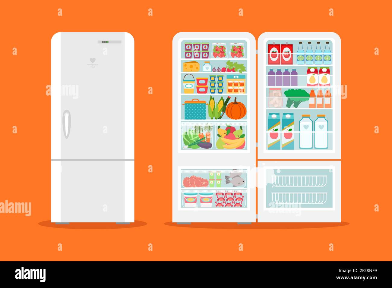 Full of food opened refrigerator. Fridge and fruit, freezer and vegetable. Vector illustration Stock Vector