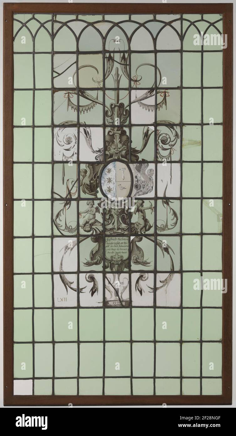 Square with weapon and caption 'Gijsbrecht Matheusz van der Liefde ... 1641'. Large window with arm including two cartouches in which (Gijsbrecht (....) 1641). The diamond with year is new. Note: Belongs to a group of four windows (BK-LXI, LXII, LXIII and LXIV). Stock Photo
