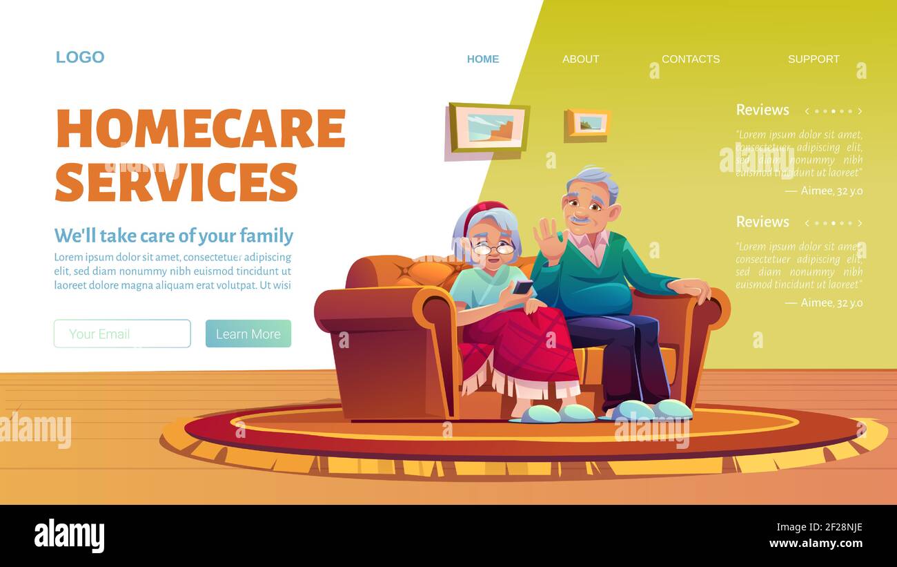Homecare services cartoon landing page. Social aid and care for old patients at home concept. Happy senior couple man and woman with phone sit on sofa in their house, vector web banner, illustration Stock Vector