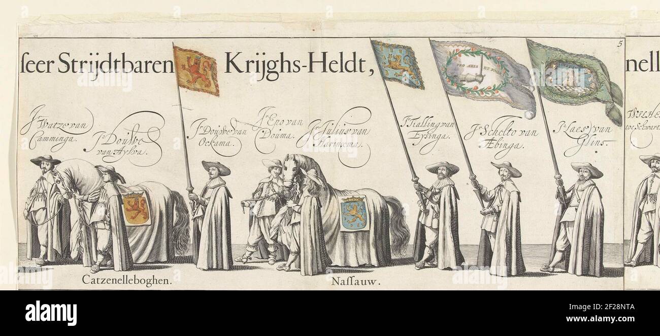 Part of the funeral procession of Ernst Casimir, count of Nassau-Dietz in Leeuwarden (plate 5), 1633; Funeral of Ernst Casimir, Count of Nassau-Dietz in Leeuwarden, 1633; Treur-Stateghe uyt-vaert, or begraijdisse des Ondered Lichemems, van den On-Versaeghden, Ende Seer Strijdtbaenrijghs-heroes, Ernest Casimyr (...) Died in the Siestherhehe for Roermunde, by a Vyandtlijcke Koegel (... ) The five-and-twinthrests Maij, MDCXXXII. Buried within Leeuwarden in 't Choor of the Iacobiner Kercke, the third parties Ianuary, MDCXXXIII. Old style..part of the funeral procession with a Horse and Standard Be Stock Photo