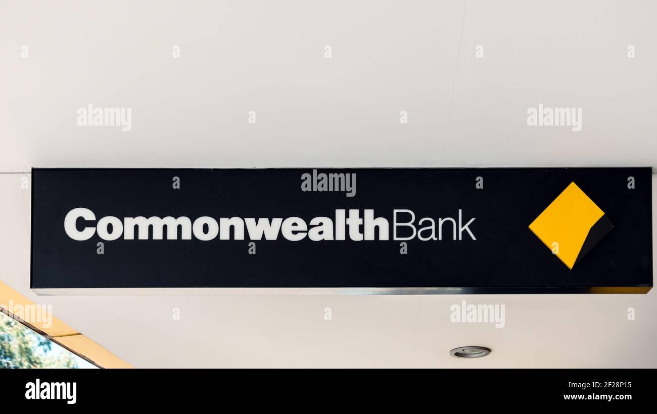 Adelaide, South Australia - August 17, 2019: Commonwealth Bank branch logo sign above the entrance near Unley shopping center Stock Photo