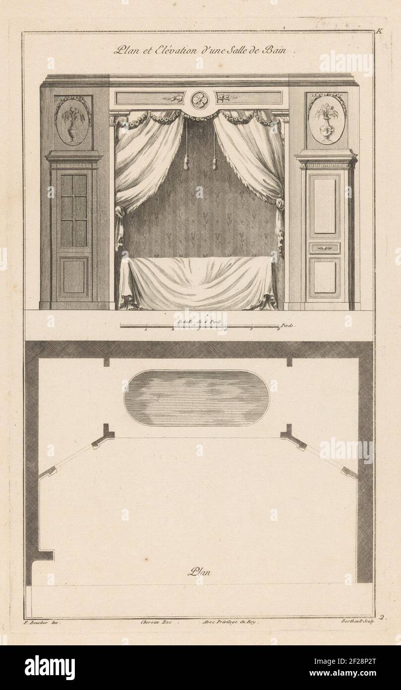 Bathroom; Plan et elévation d'Une Salle de Bain; K Room facilities. Design  and floor plan of a bathroom with a bathtub in a niche with draperies. Left  and right cabinets with above