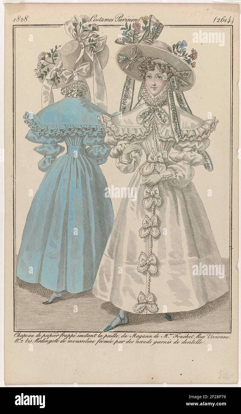 Newspaper of Ladies and Modes, Parisian Costumes, July 15, 1828, (2614):  Struck Paper Hat (...). Paper Hat As imitation of straw from The Shopet  Store. Redingote of Muslin Closed With Tins Top