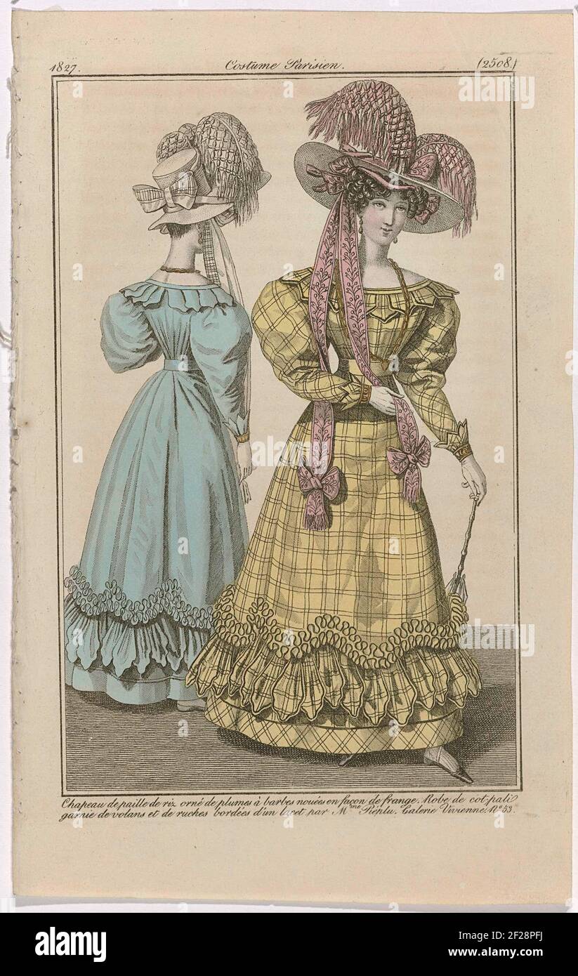 Journal des Dames et des Modes, Costume Parisien, 5 juin 1827, (2508):  Chapeaux de paill (...).Two women, one of whom seen one on the back,  dressed in the shapes of 'Cot-Pali' decorated