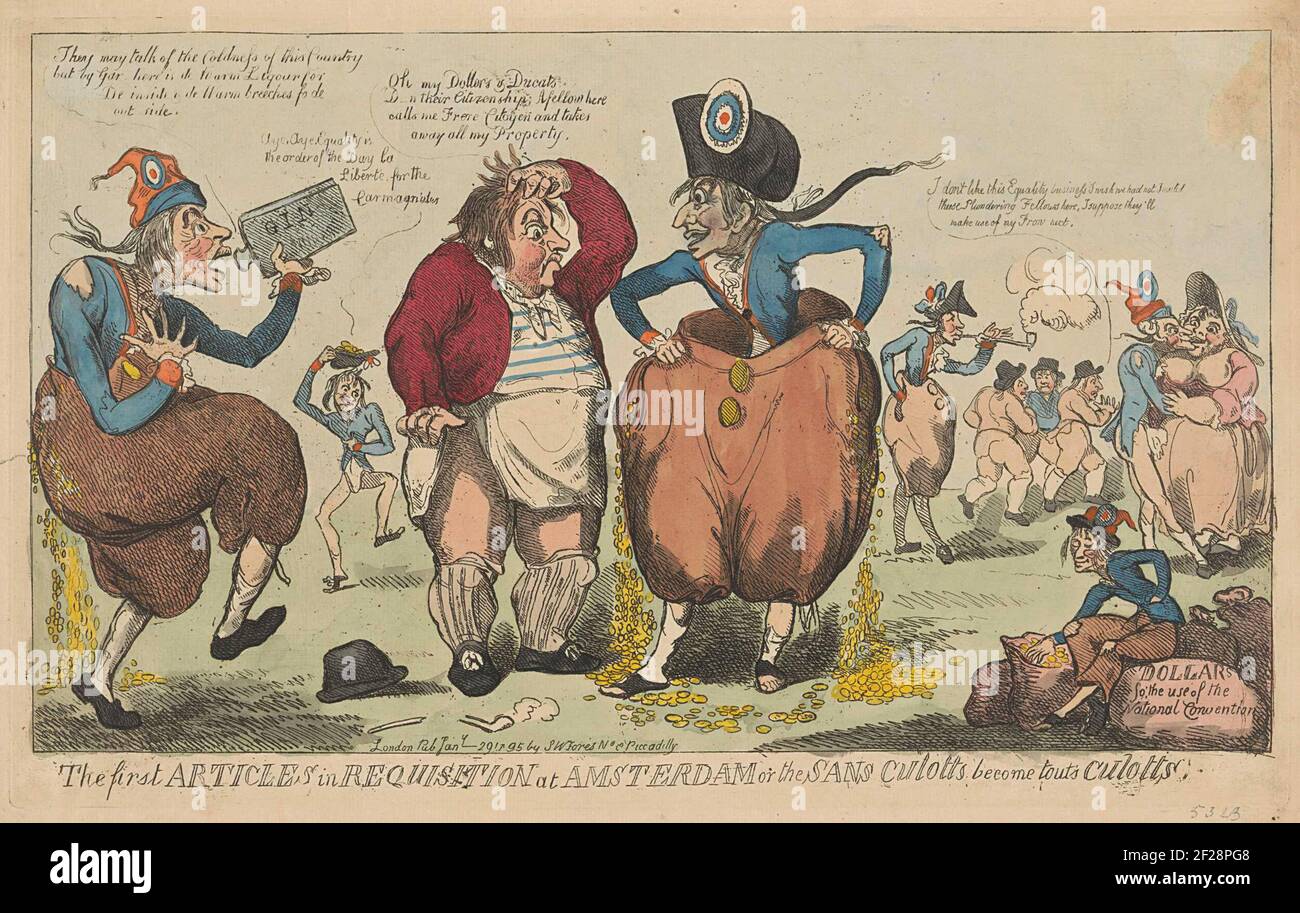 Frans sansculotten in Hollandse broeken, 1795; The first Articles in  Requisition at Amsterdam or the Sans Culotts become touts Culotts.English  cartoon at the French unquisition in January 1795. A French Sansculope has