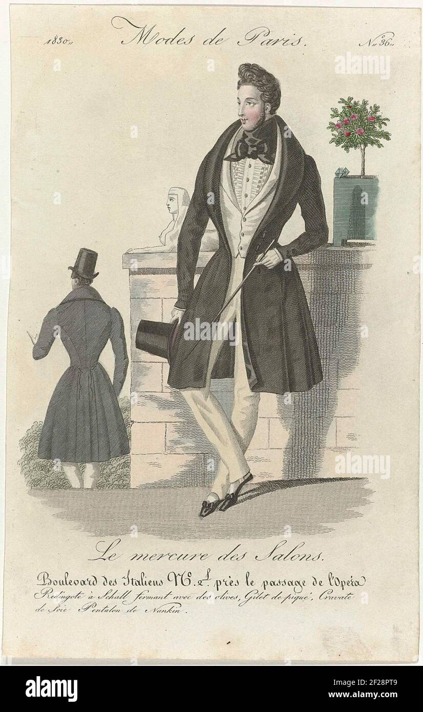Le Mercure des Salons, Modes de Paris, 1830, No. 36 : Redingote à Schall fermant (...).Redingote with scarf collar, closed with buttons or 'olives'. Vest of Piqué. Cravate from silk. Shirt with wrinkled jabot. Spanbroek van 'Nankin'. Accessories: Top hat, gloves, walking stick, flat shoes with bows and square noses. Print from the fashion magazine Le Mercure des Salons (Janvier 1830 - Mars 1831). Stock Photo