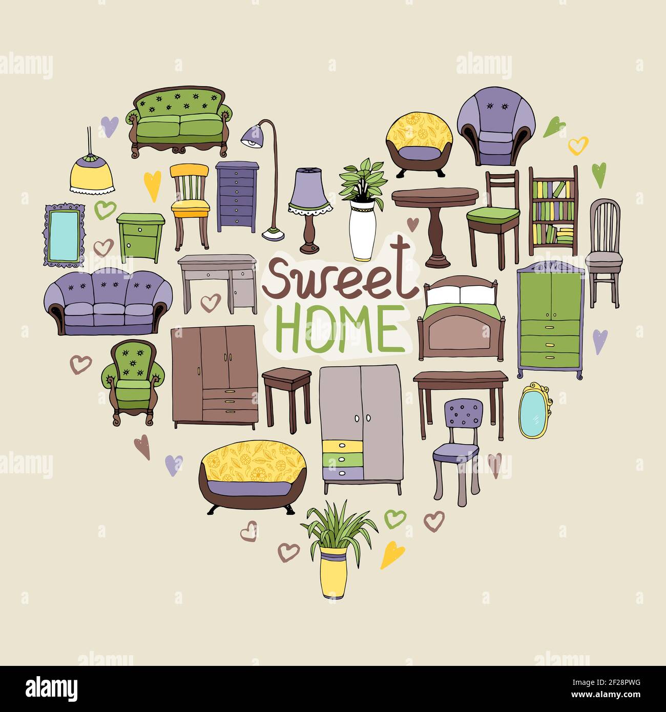 Sweet Home concept with various home accessories and furniture icons arranged in a heart shape symbolic of love and home interior decor with text - Sw Stock Vector