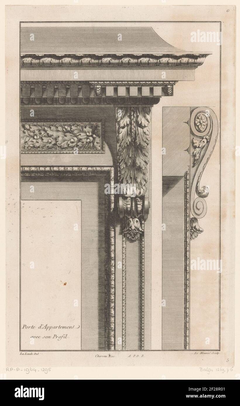 Deurlijst; Apartment door with his profile; VIIA Workbook G Notebook, cornices and discharged, with the profiles.frRont View and profile of an ornamented door Frame with Oak Leaves and a console with acanthus leaves. Stock Photo